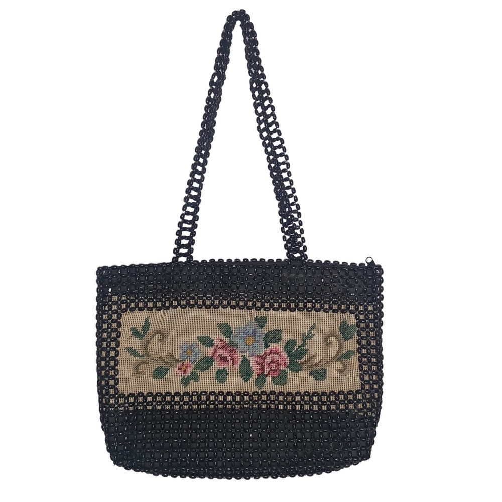 Vintage Beaded Needlepoint Embroidered Shoulder Bag Floral Purse
